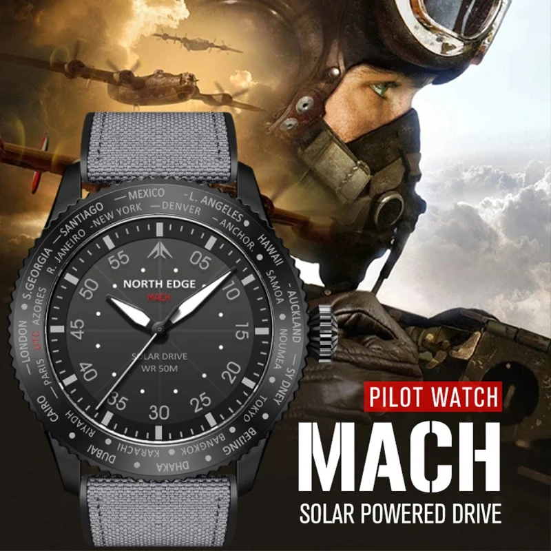Solar Powered Watch - NORTH EDGE MACH Solar Power Pilot