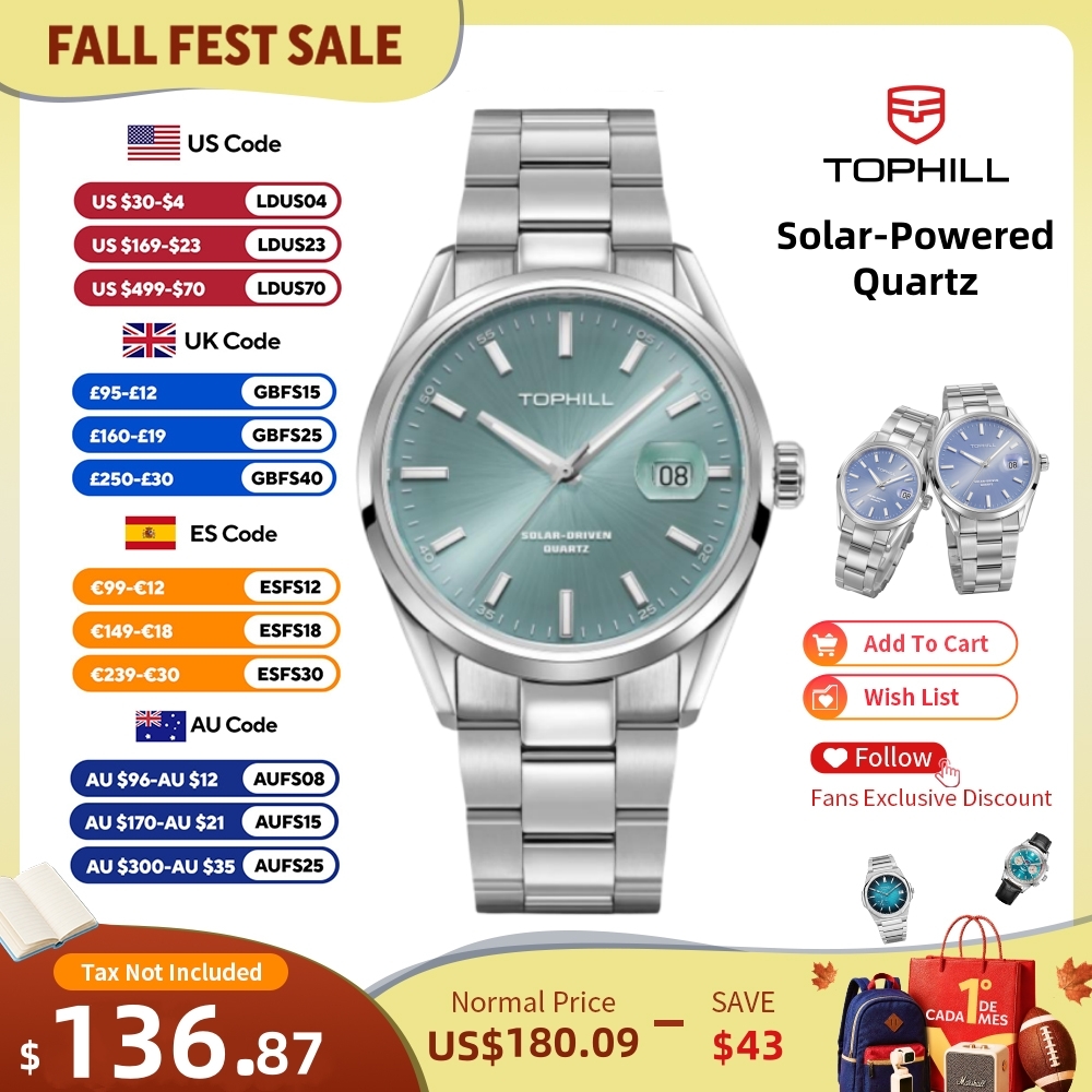 Solar Powered Watch - TOPHILL Luxury Watch For Men VR42A